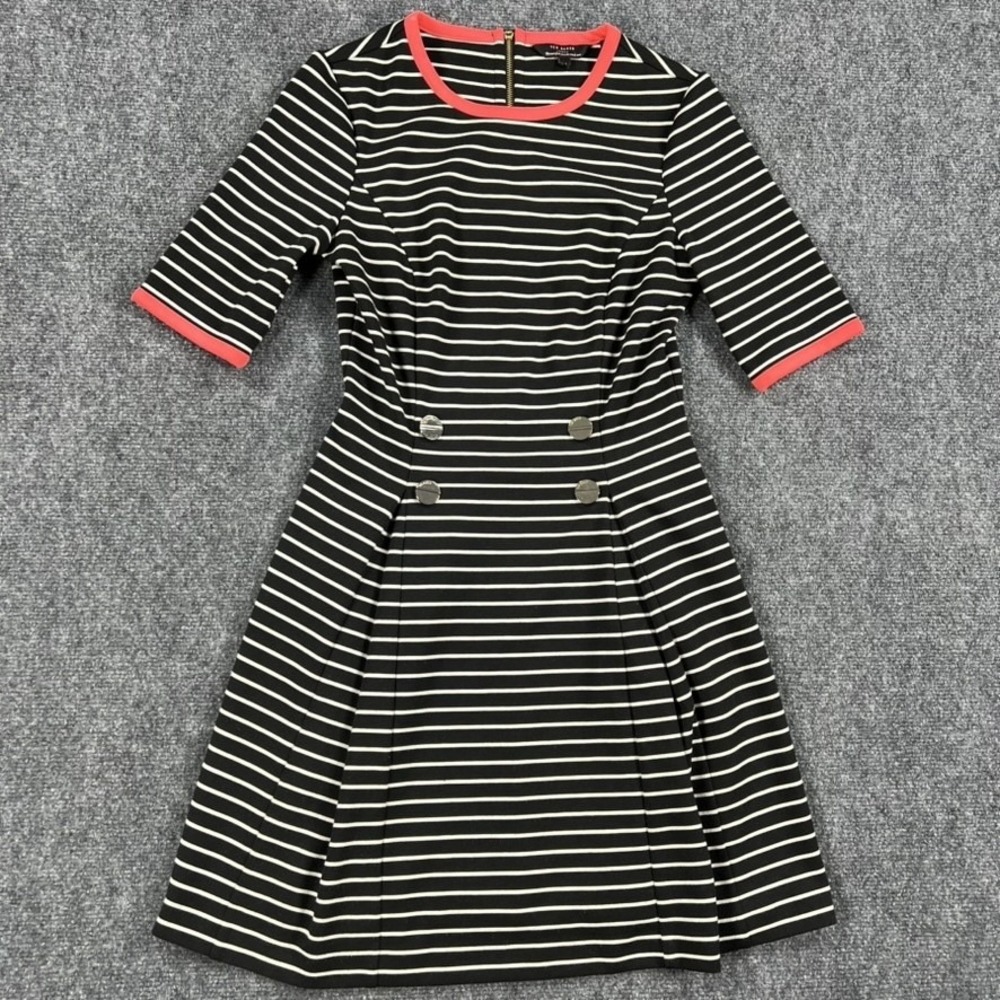 Ted Baker Dress Womens 4 Black Stripe Alexina‎ Fit Flare Half Sleeve Nautical
